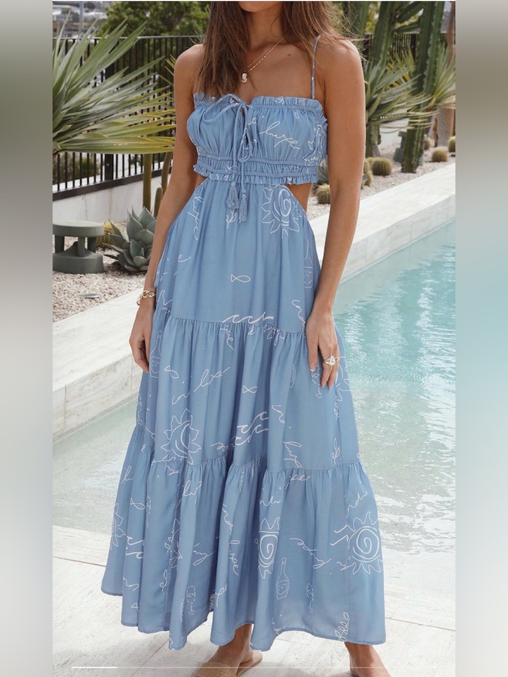 SEXY RUFFLE TIE NECK CUTOUT RESORT CRINKLED TIERED MIDI SUNDRESS